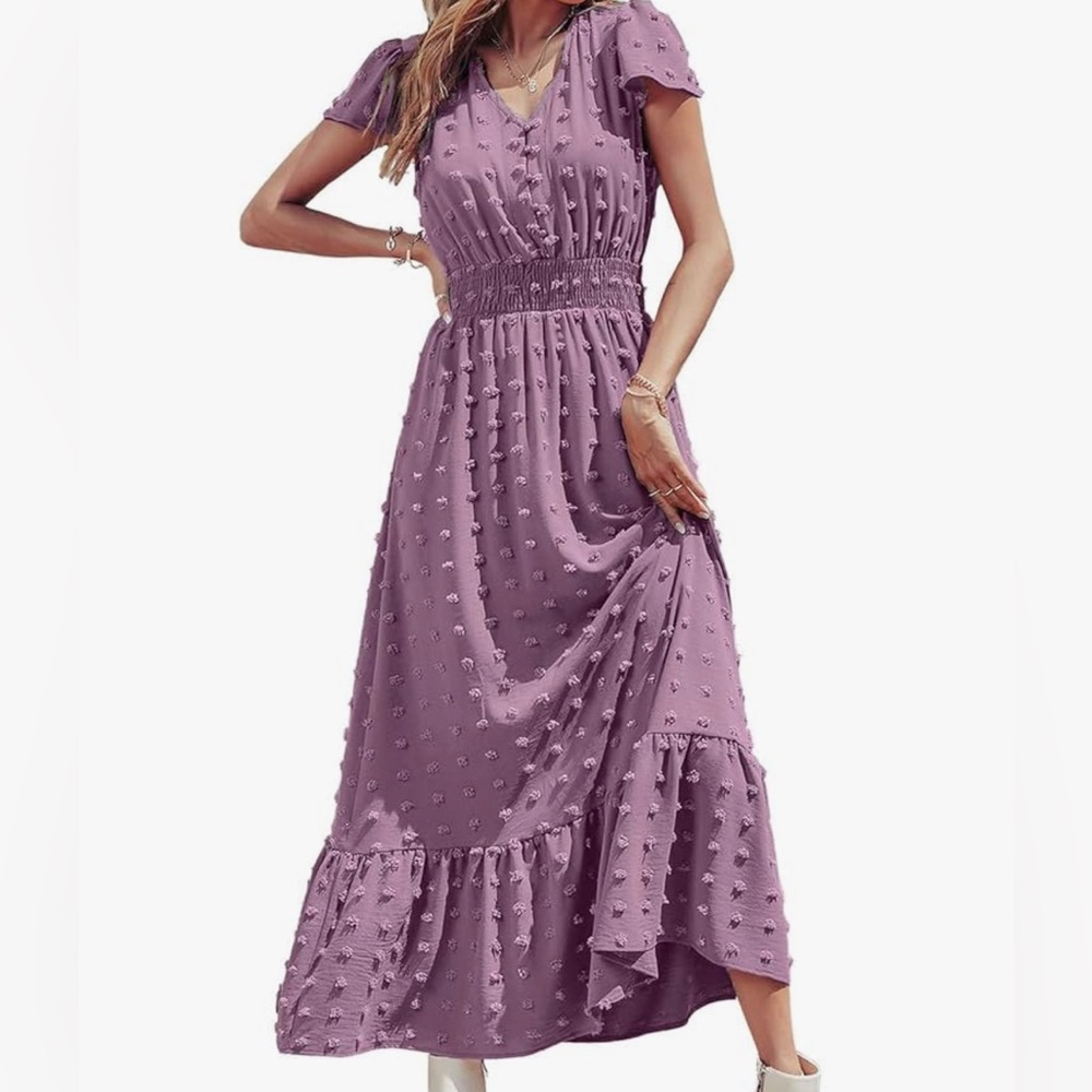 Maxi Dress Boho Short Sleeve Swiss Dot Ruffle Tiered Smocked Flowy Long Dress
